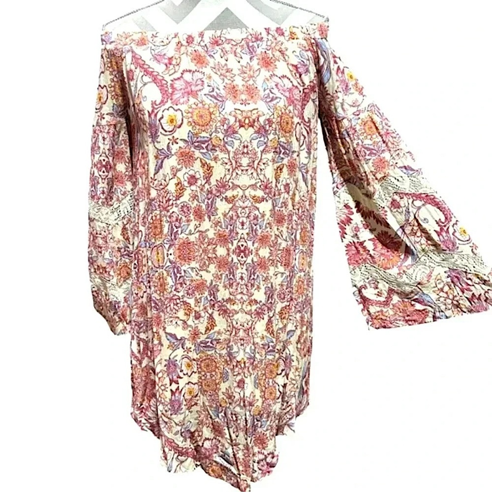 Love,fire Off-Shoulder Paisley Bell Sleeve Boho Midi Dress Women's Size XS